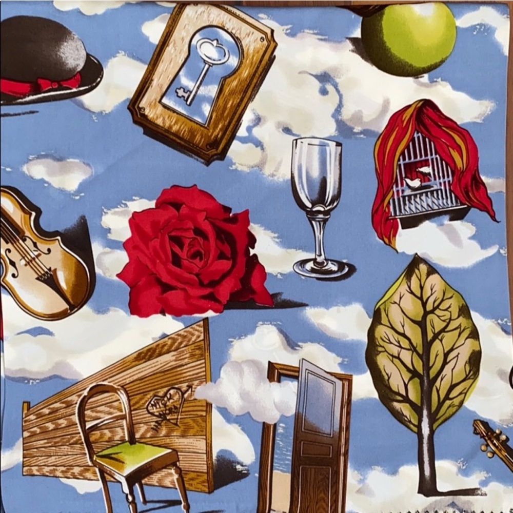 Nick & Nora Artistic Silk Fabric with Red and Blue Magritte Print Vintage 1990s - Picture 4 of 6